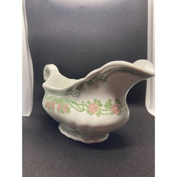 Antique Ridgways England Green Royalist Semi Porcelain Rose Pattern Gravy Boat - Picture 6 of 7